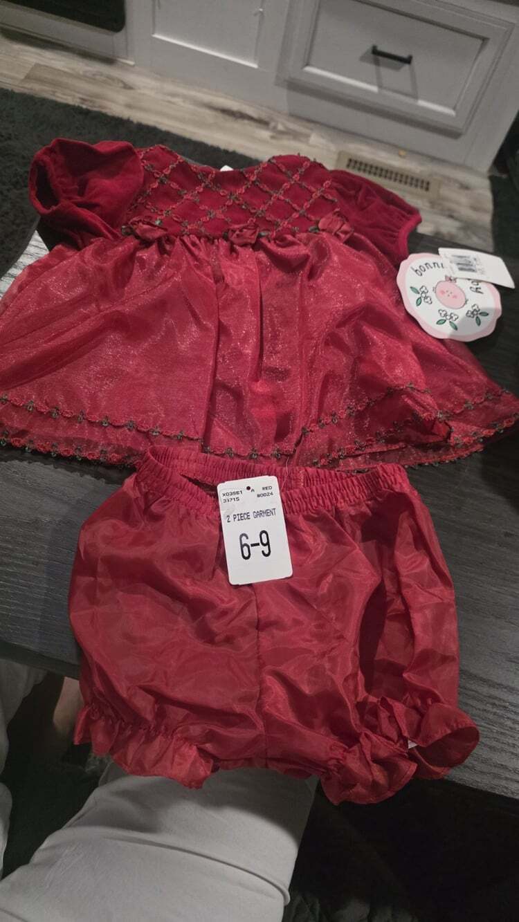 2pc Bonnie Baby 6-9Mo Red Sheer Velvet Christmas Dress Set Bloomers & Dress New
